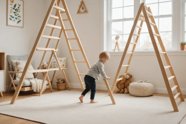 Wooden Pikler triangle climbing structure for toddlers in bright modern playroom with child climbing safely on natural wood rungs