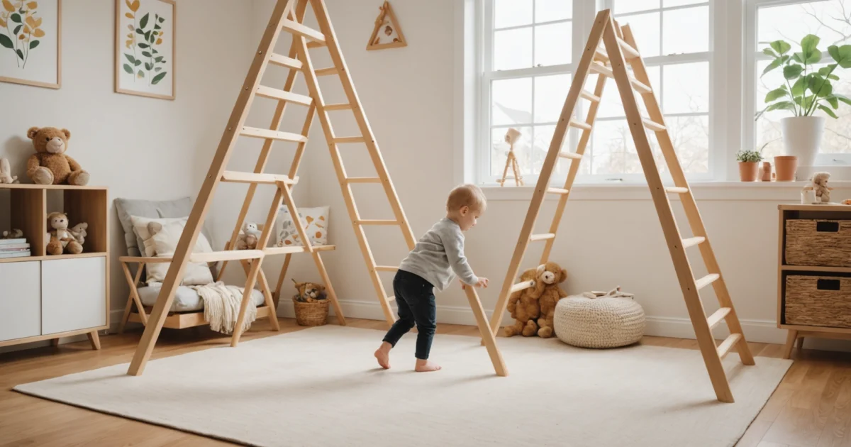 Wooden Pikler triangle climbing structure for toddlers in bright modern playroom with child climbing safely on natural wood rungs